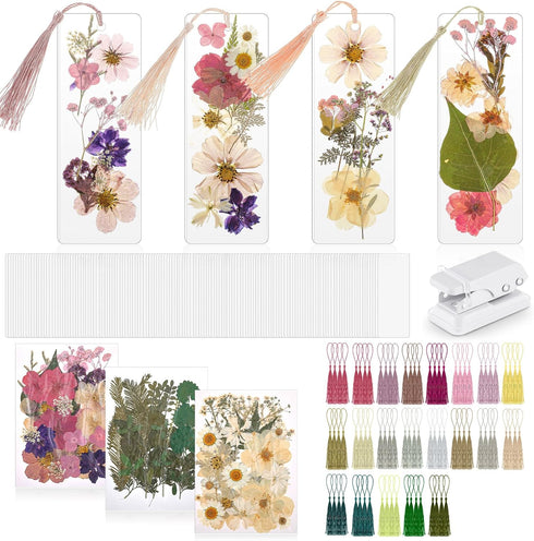 Fuyoooo 376 Pcs Dried Flower Bookmark Making Kit, 150 DIY Bookmark Laminating Pouches