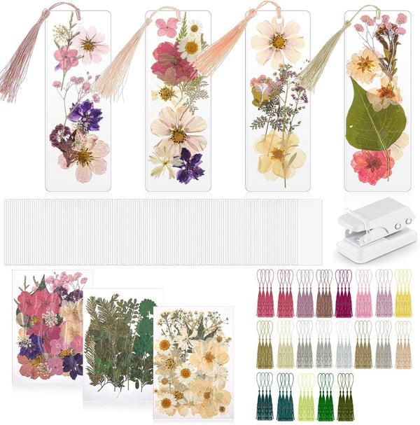 Fuyoooo 376 Pcs Dried Flower Bookmark Making Kit, 150 DIY Bookmark Laminating Pouches