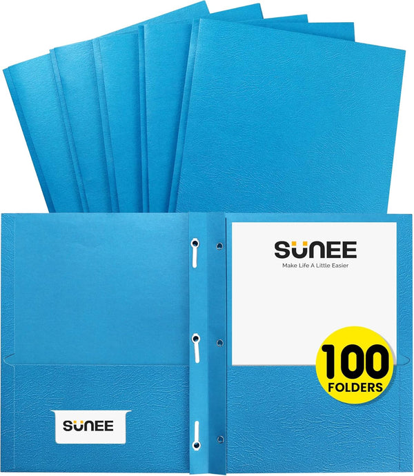 SUNEE 100-Pack Blue File Folders - Letter Size with 2 Pockets and 3 Prongs, 9.3 x 11.6 in