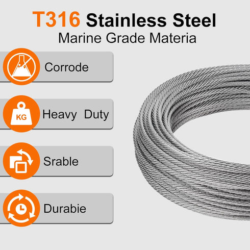 1/8" 100ft 7x7 (SR03) Rectoo wire cable, Wire Rope Metal Cable With Loop Sleeve And Steel Thimble, marine stainless