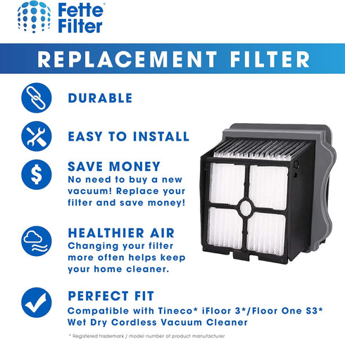 Fette Filter - HEPA Filters Compatible with Tineco iFloor 3/Floor One S3/S5/S5 Pro, Wet Dry Vacuum Cleaner, Includes 6