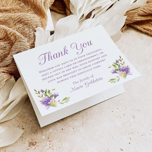 5.5x4.25 Purple Flowers Sympathy Thank You Cards, Custom Funeral Thank You Cards with Name, Personalized Bereavement