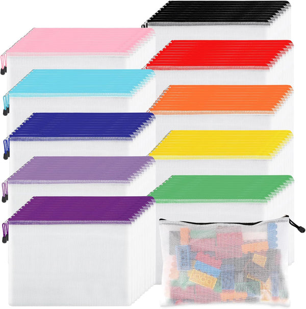 EOOUT 100pcs Mesh Zipper Pouch, A4 Size, 10 Colors Zipper Bags for Organizing Storage, Waterproof Puzzle Bag