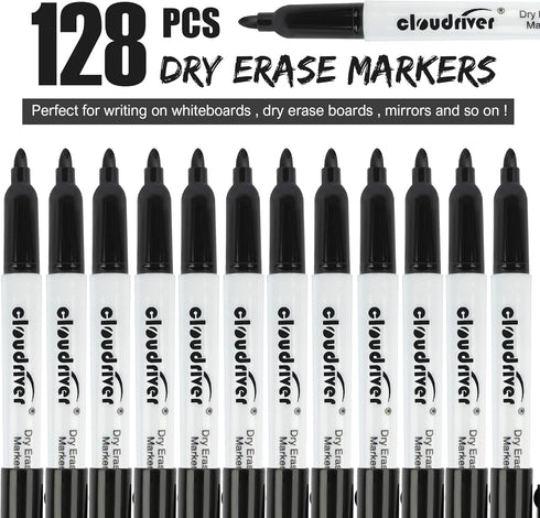 cloudriver 128 Pack Dry Erase Markers, Black Fine Tip, Low Odor Bulk Markers for Office, Home, School Supplies