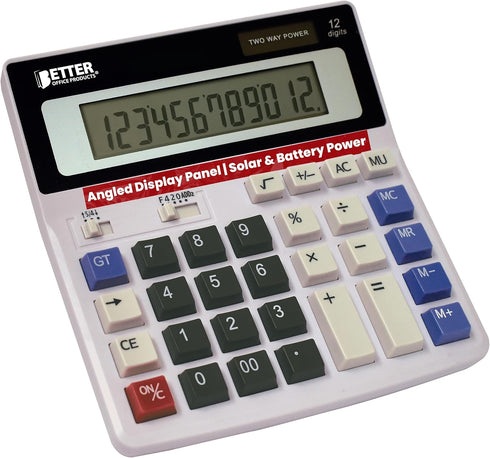Better Office Products Extra Large Electronic Desktop Calculator, 12-Digit LCD Display, Light Gray, Dual Power with AA