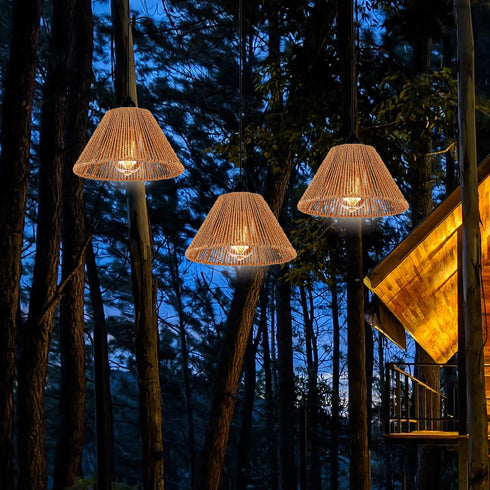 EcoGehen Bulbs 4*AA Battery Operated Pendant Light Outdoor Chandelier for Gazebo Hanging Lamp with LED Rattan Shade