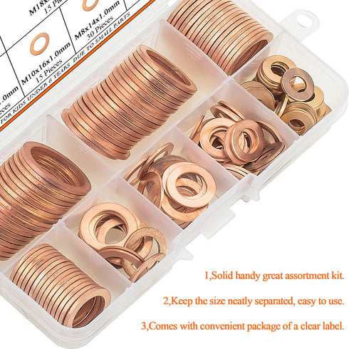Copper Washers - 150PCS Assortment Kit with 8 Sizes Copper Metric Sealing Flat Washers