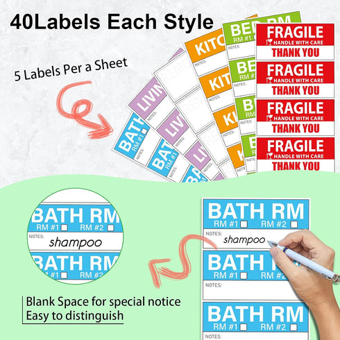 Yoget 42x90mm Large Home Moving Labels, 240 Labels with Color Coded Packing Stickers and Fragile Stickers