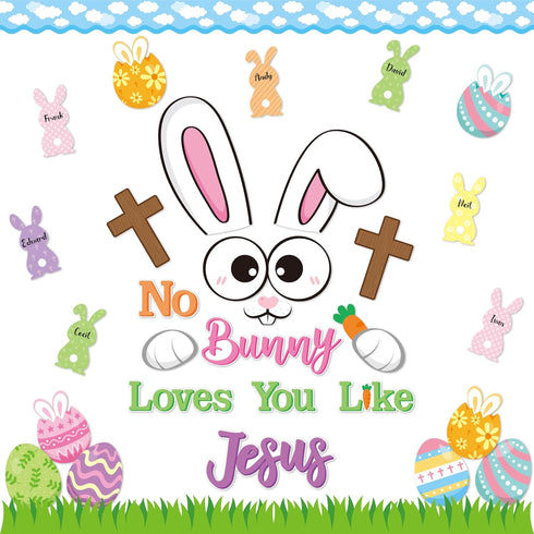BeYumi 86Pcs Easter Bunny Christian Cross Bulletin Board Set, No Bunny Loves You Like Jesus, Sunday School Decor