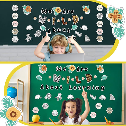 Ctosree 134 Pcs Safari Bulletin Board Set - We are Wild about Learning with Leaf Flower Wood Bead Animals Cutouts