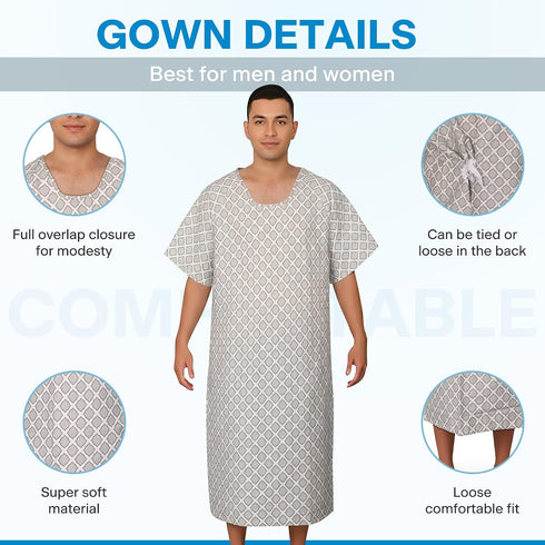 GERVRA Reusable Hospital Gown - Patient Gowns with Tie Back, Unisex Medical Gowns for Hospital, Clinic, Recovery & Home