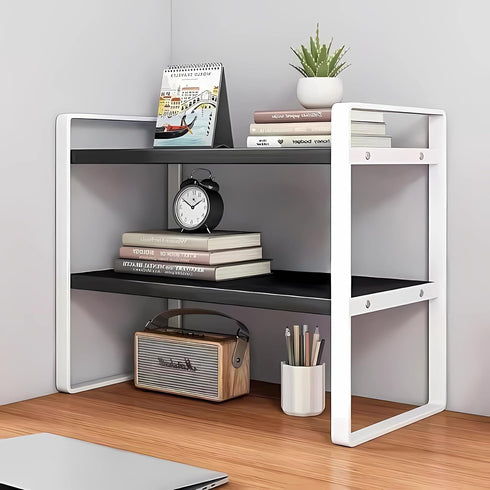 Hbluefat Desktop Organizer Shelf, 2-Tier Multipurpose Wood Office Desk Storage Rack, Small Computer Desk Bookshelf for