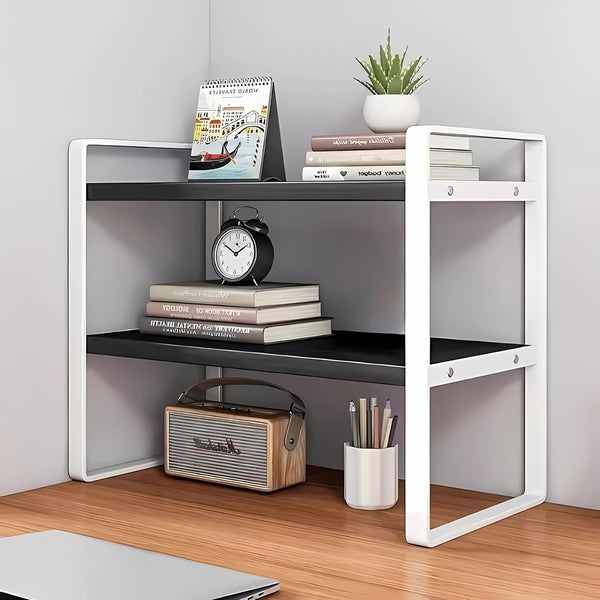 Hbluefat Desktop Organizer Shelf, 2-Tier Multipurpose Wood Office Desk Storage Rack, Small Computer Desk Bookshelf for