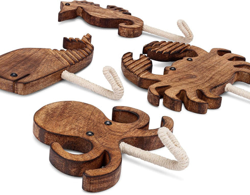 Set 4 Crane Baby Sea Life Wooden Wall Hooks - of Wooden Ocean Nursery Decor Towel Hooks, Brown