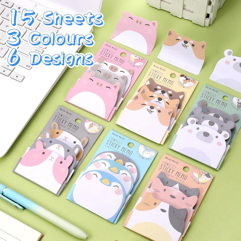 Cute Sticky Notes, 6 Pack 270 Sheets Kawaii Cartoon Animal Sticky Notes, Self-Stick Memo Pads for School