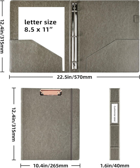 Ospelelf 1 Inch 3 Ring Binder with Clipboard, Leather Binder for Letter Size, 5 Tab Dividers, Office Supply Grey