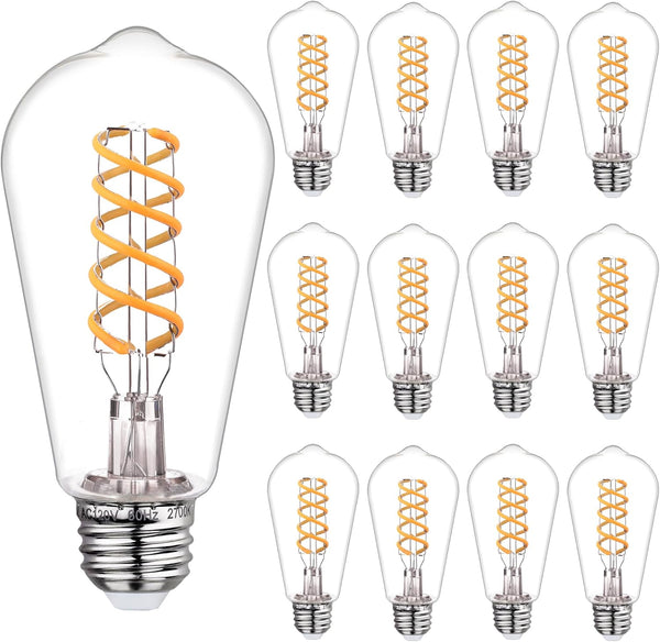 12 PCS Vintage LED Edison Bulbs, 6W Equivalent 60 Watt, Warm White 2700K, ST58 Flexible Spiral Filament Light Bulb