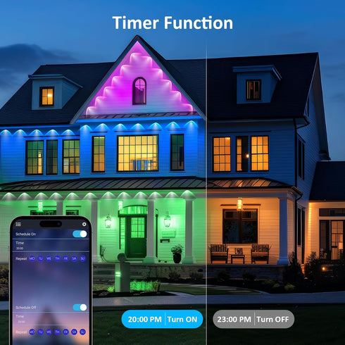 50FT IP67 IVRICH Permanent Outdoor Lights, Smart RGB Eave Light with Color Changing, APP/Remote Control, Waterproof