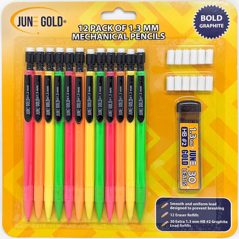 June Gold 12 Mechanical Pencils - 1.3 mm HB #2 Graphite Lead with 30 Refills & 12 Refill Erasers