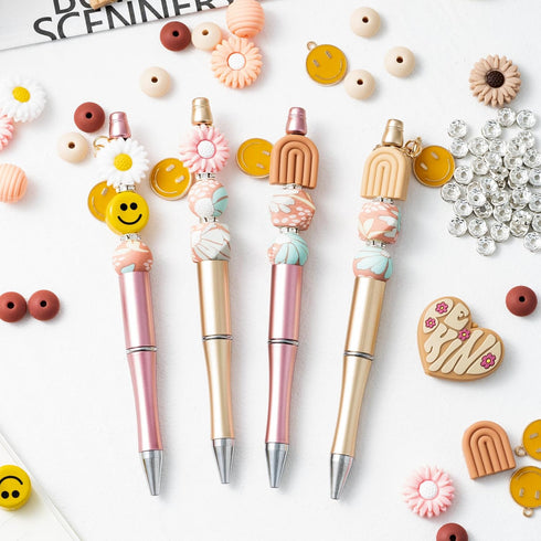 Wood Homing Daisy Beadable Pens - 12 Set Plastic DIY Black Ink Ballpoint Pen Making Kit for Kids, School Supplies