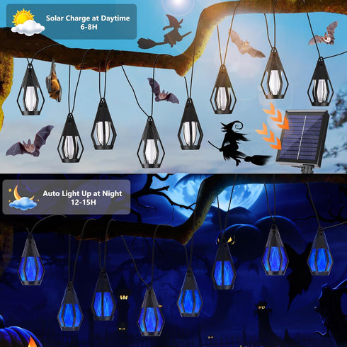 33Ft 15 Bulbs, Solar String Lights for Outside, Solar Patio Lights with Flickering Flame Light Waterproof Blue Solar
