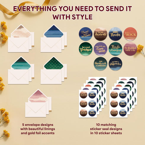 50 Pack 6x4in 10 Decorably Gold Foiled Watercolor Employee Appreciation Cards with Envelopes and Stickers, Designs