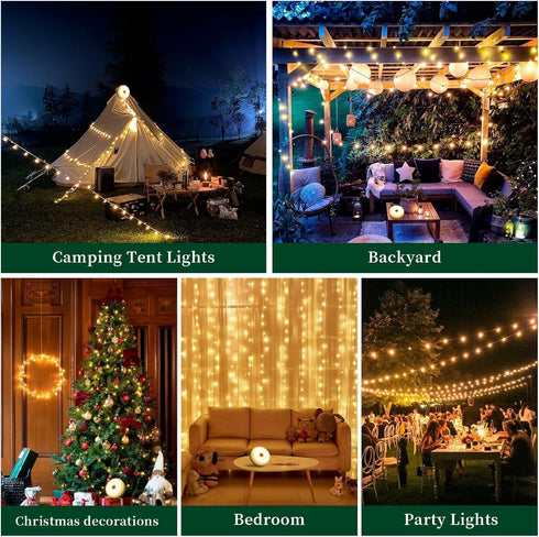 33ft 100LED, 4 1 100LED 14 Camping String Lights in Rechargeable Outdoor Tent String Lights with Lighting Modes Remote