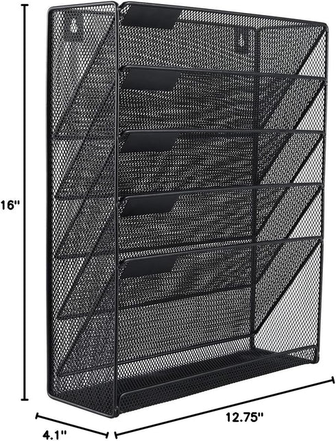 EasyPAG 5 Slot Wall Hanging File Organizer - Vertical Office Desk / Wall Mounted Paper Holder with Bottom Tray, Black