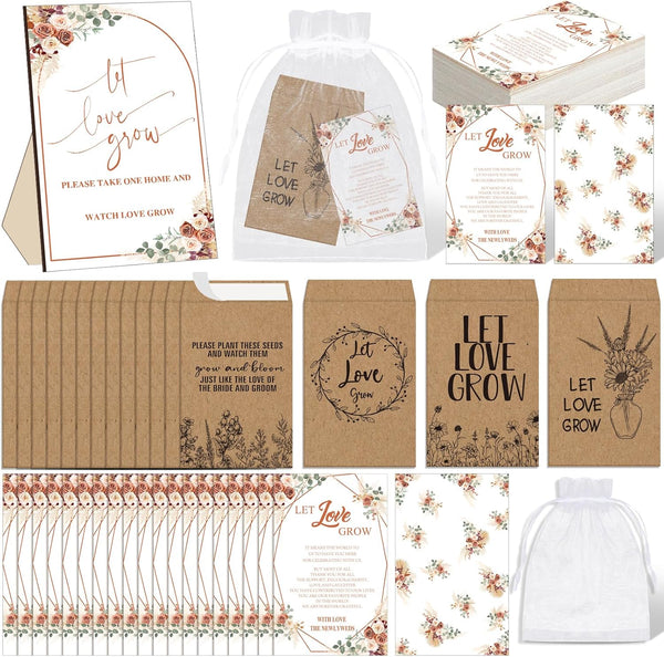 Ireer 101 Set Let Love Grow Boho Wedding Favors for Guests with 1 Wooden Sign, 100 Seed Packets, Kraft Envelopes