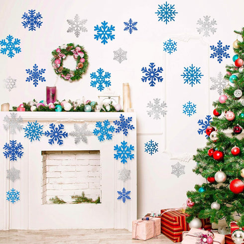 Whaline Snowflake Cut-Outs - 48Pcs Glitter Blue Silver Double-Sided Holiday Cut-Outs with Glue Point for Winter
