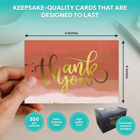 50 Pack 6x4in 10 Decorably Gold-Foiled Watercolor Blank Thank You Cards with Envelopes Bulk and Stickers, Folded