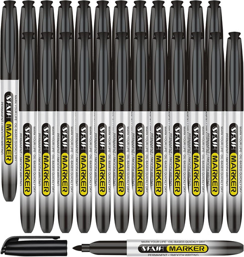 Bulk Black Permanent Markers - 24 Pack Fine Point for Plastic, Glass, Metal, Quick Dry Waterproof Markers