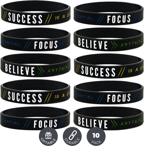 Inkstone - 10-Pack Motivational Silicone Rubber Wristbands - Success, Focus, Believe - Unisex Adult Size