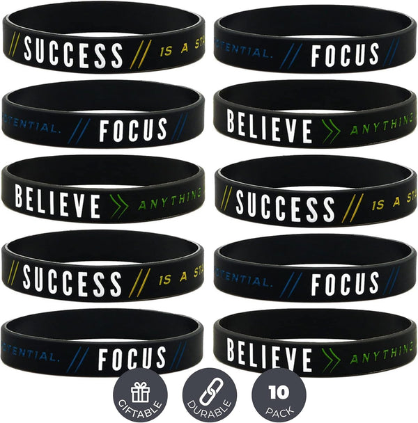 Inkstone - 10-Pack Motivational Silicone Rubber Wristbands - Success, Focus, Believe - Unisex Adult Size