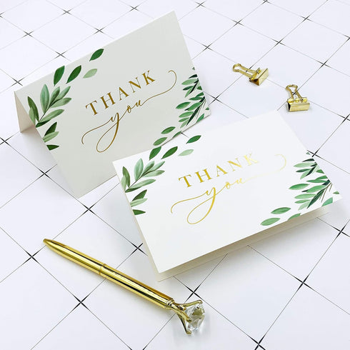 4x6 20-Pack) Set, Gooji Greenery Leaves Gold Foil Thank You Cards (Bulk Matching Peel-and-Seal White Envelopes |