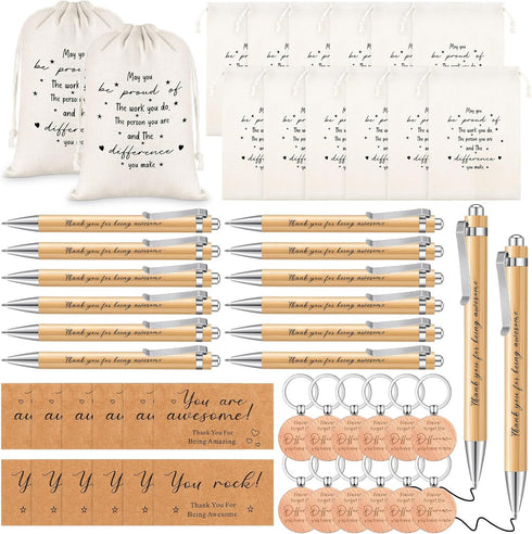 Yeaqee 12 Sets Employee Appreciation Gifts - Motivational Burlap Bags, Wood Ballpoint Pens & Thank You Cards