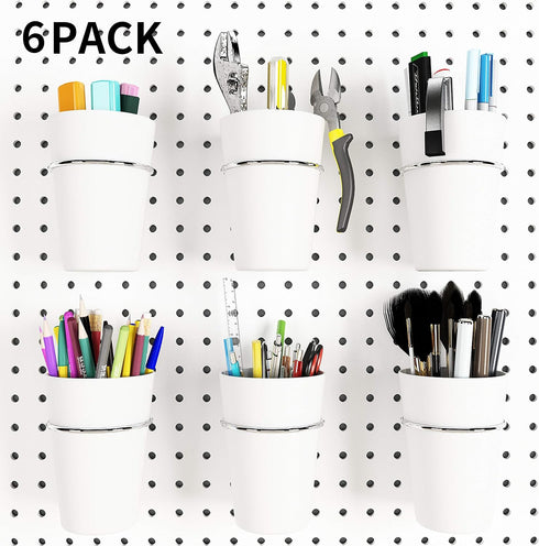 Kuhome 6 Sets Pegboard Hooks with Pegboard Cups, Ring Style Pegboard Bins for Organizing Storage, White Cup Holder