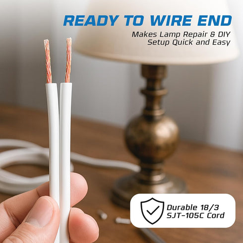 OHLECTRIC Set 8 18/2 SPT-1 White Lamp Power Cord with Rotary Switch, Ft AWG Replacement Wire, Stripped & Tinned Ends