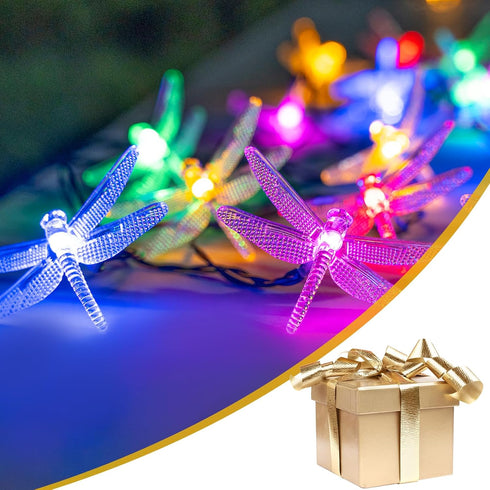 25.9 8 20 FT Dragonfly Solar String Lights, Modes Waterproof Multicolor Lights Outdoor, LED Solar Powered Dragonflies
