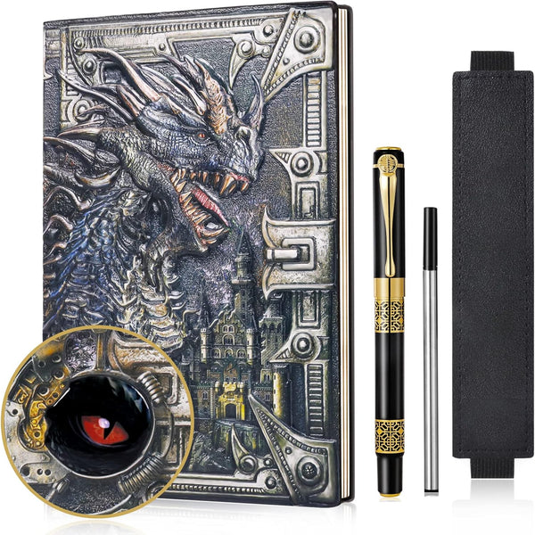 DND Dragon Notebook, 3D Embossed Leather Journal, A5 Vintage Travel Journal with Pen Sleeve, Colorful Dragon