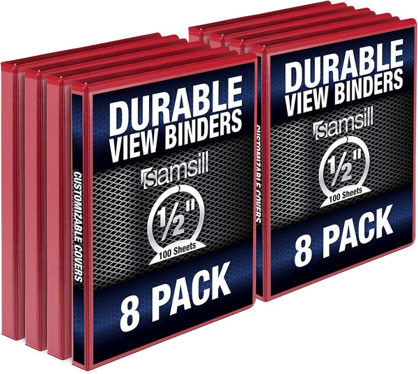 Samsill Durable .5 Inch Binder, Made in the USA, Round Ring Customizable Clear View Binder, Red, 8 Pack