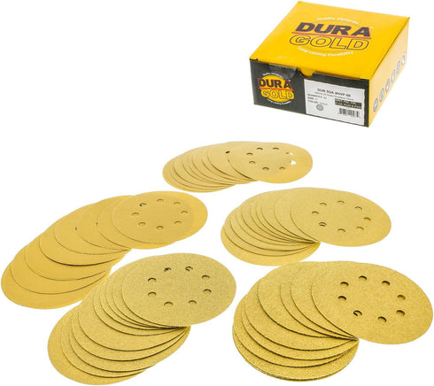 Dura-Gold Premium Variety Pack - 5" Gold Sanding Discs, 8-Hole Dustless Hook and Loop, 10 each of Grit (60, 80, 120,