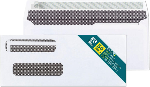 EnDoc #8 Double Window Self Seal Envelopes, 50 Count, Designed for QuickBooks Checks, Privacy Tinted