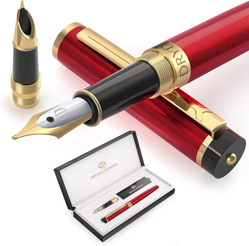 Dryden Designs Fountain Pen with Medium and Fine Nibs, Luxury Box, Ink Cartridges, Royal Red