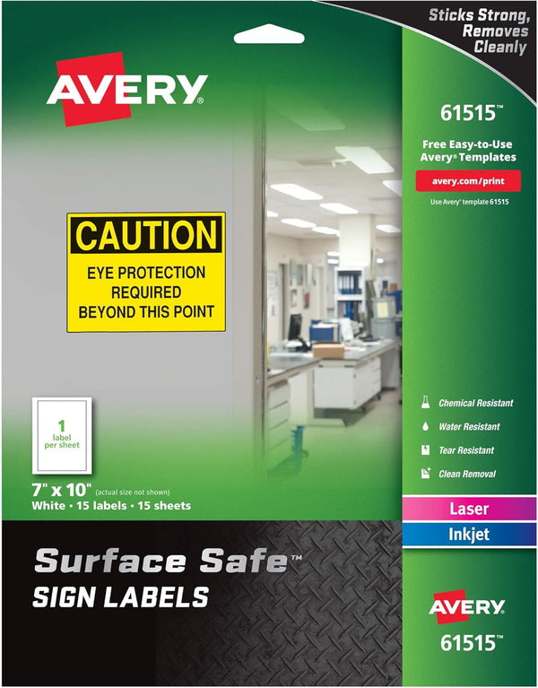 Avery Printable Warning Signs, 7" x 10", Water/Chemical Resistant, 15 Removable Labels