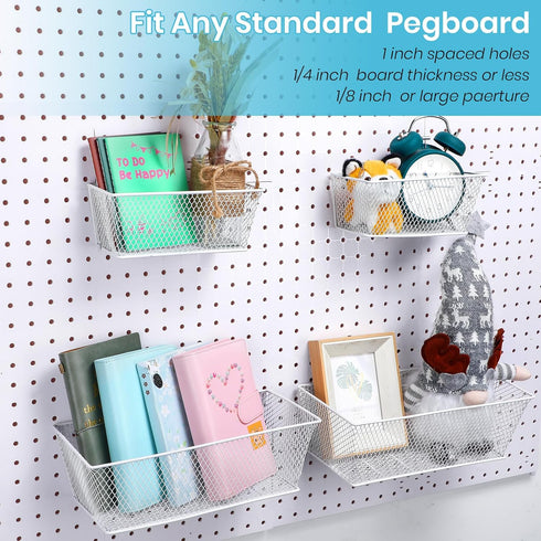 Sieral 4 Pcs Metal Wire Shelf Baskets, Pegboard Organizer Accessories for Garage Workbench, 2 Sizes (White)