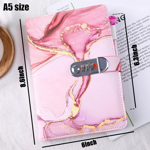 Koogel Diary with Lock, A5 PU Leather Journal with 120 Sheets, Password Locked Travel Notebook with Pen