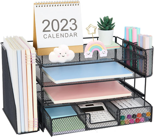 Desk Organizers and Accessories, Workspace Organizers for Office Supplies, 2 Pen Holders, 4 Tier Paper Organizer for
