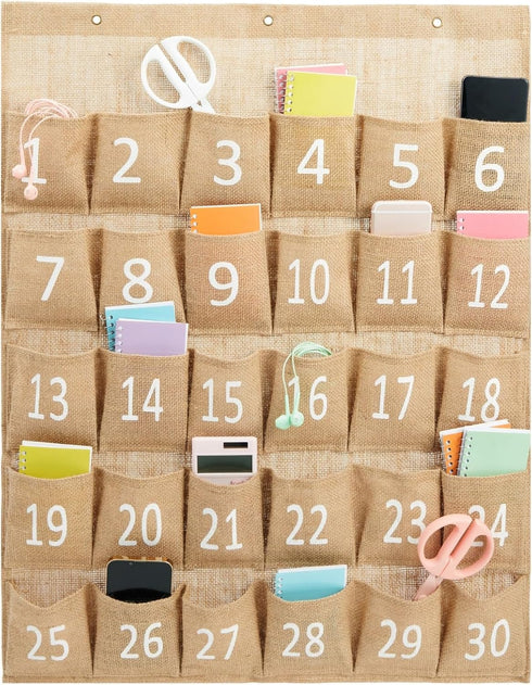 Juvale 30-Row Burlap Cell Phone Holder - Farmhouse Designed White Numbered Hanging Pocket Organizer