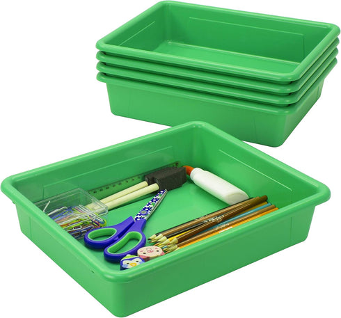 Storex Letter Size Flat Storage Tray, Organizer Bin with Non-Snap Lid, Green, 5-Pack